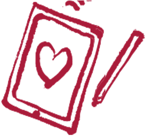 Eine einfache rote Skizze eines Tablets mit einem Herz auf dem Bildschirm und einem Stift daneben.