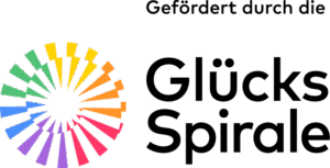Buntes Spiral-Logo mit dem Schriftzug Gefördert durch die GlücksSpirale auf Deutsch. Die Spirale weist Segmente in Regenbogenfarben auf.