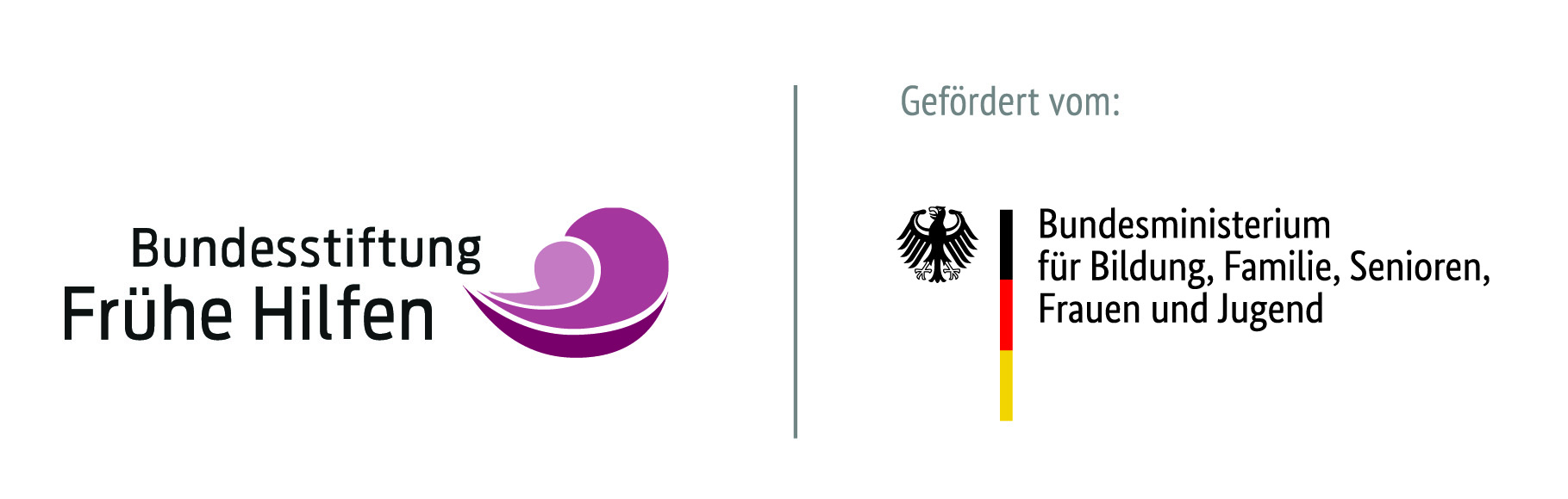 Logo der Bundesstiftung Frühe Hilfen mit einem violetten Wirbel, daneben der Bundesadler und ein Text, der auf die Unterstützung durch das Bundesministerium für Bildung, Familie, Senioren, Frauen und Jugend hinweist.