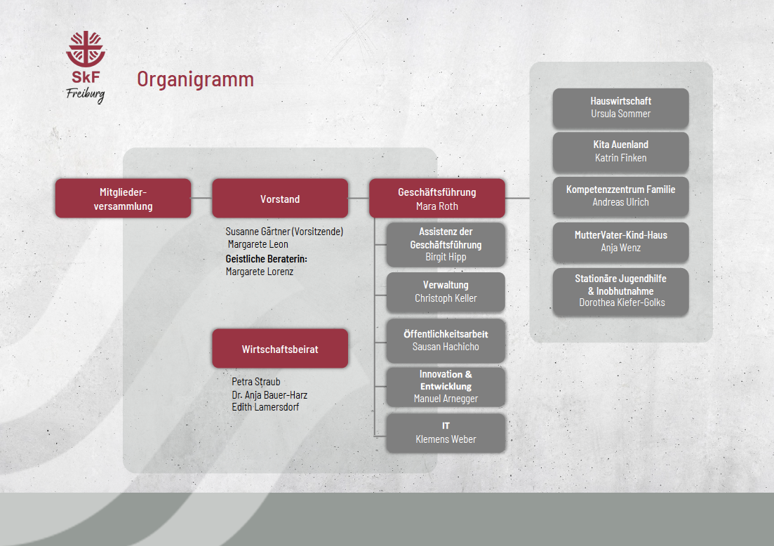 Das Organigramm des SkF Freiburg zeigt die Mitgliederversammlung, den Vorstand, den Wirtschaftsbeirat, die Geschäftsführung und verschiedene Abteilungen wie Personalwesen, IT, Hauswirtschaft und Öffentlichkeitsarbeit, wobei die Namen der Mitarbeiter unter jedem Abschnitt aufgeführt sind.