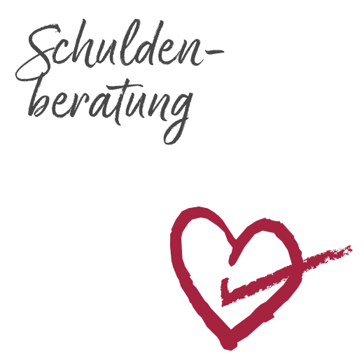 Handgeschriebener Text "Schuldenberatung" mit einem roten Herz mit einem Häkchen darin, auf hellem Hintergrund.