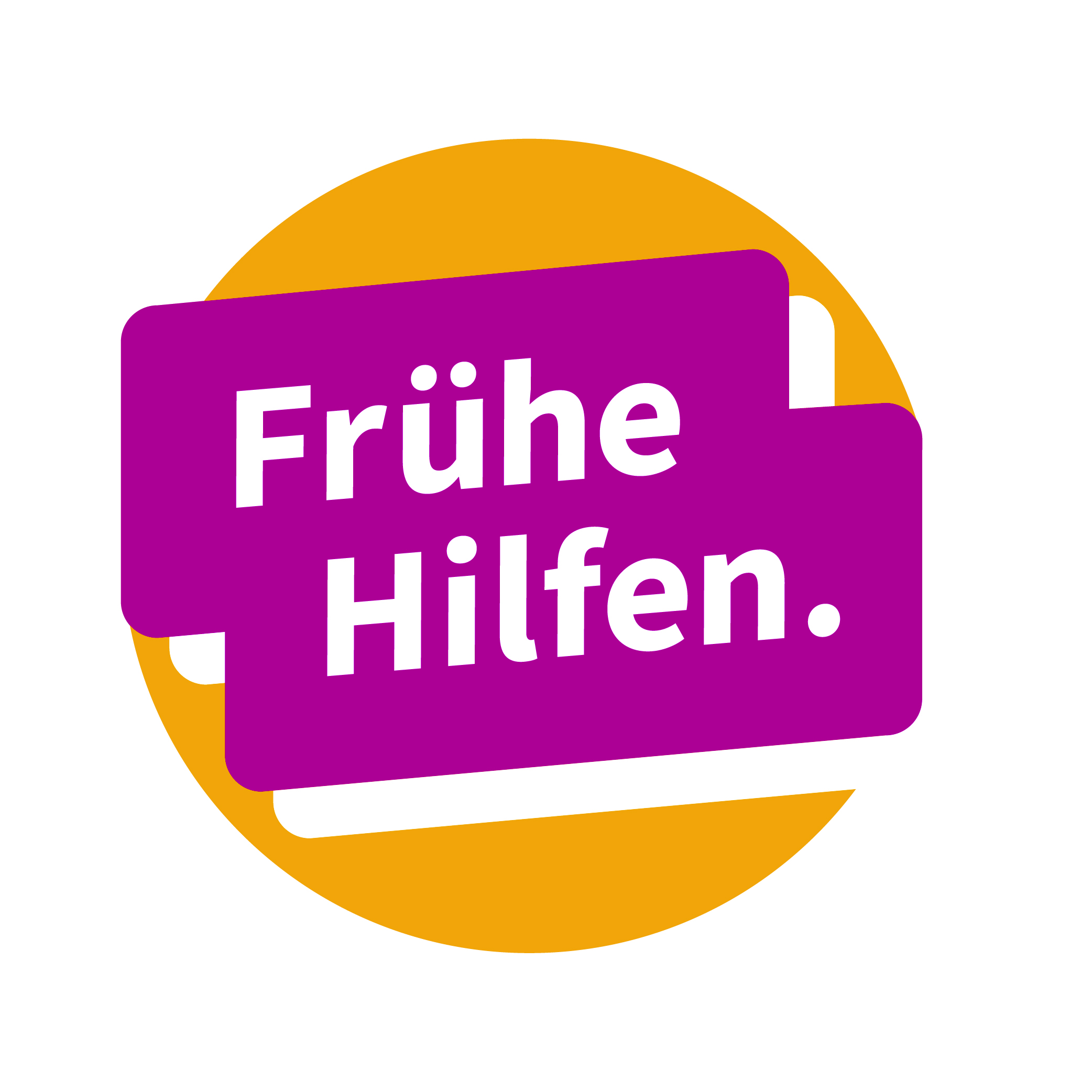 Ein Logo mit dem Schriftzug Frühe Hilfen. in fetten weißen Buchstaben auf sich überlappenden magentafarbenen Rechtecken vor einem orangefarbenen kreisförmigen Hintergrund. Ein Logo mit dem Schriftzug Frühe Hilfen. in fetten weißen Buchstaben auf sich überlappenden magentafarbenen Rechtecken vor einem orangefarbenen kreisförmigen Hintergrund.