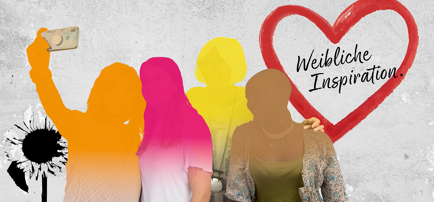 Vier Frauen stehen zusammen, einige machen ein Selfie; ihre Gesichter sind farbige Silhouetten. Ein großes rotes Herz und der Schriftzug „Weibliche Inspiration“ erscheinen auf einer strukturierten Wand, daneben eine schwarze Sonnenblumenillustration. Vier Frauen stehen zusammen, einige machen ein Selfie; ihre Gesichter sind farbige Silhouetten. Ein großes rotes Herz und der Schriftzug "Weibliche Inspiration" erscheinen auf einer strukturierten Wand, daneben eine schwarze Sonnenblumenillustration.