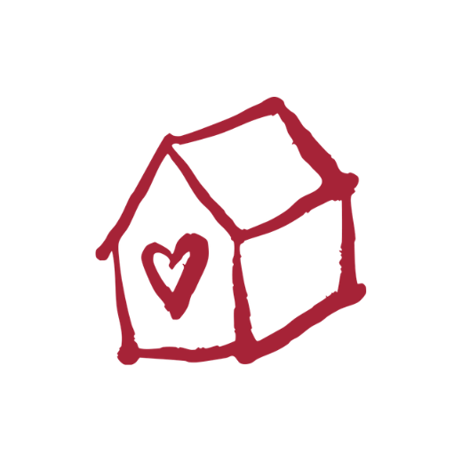 Eine einfache rote Strichzeichnung eines Hauses mit einer Herzform an der Vorderwand, vor einem schlichten weißen Hintergrund.