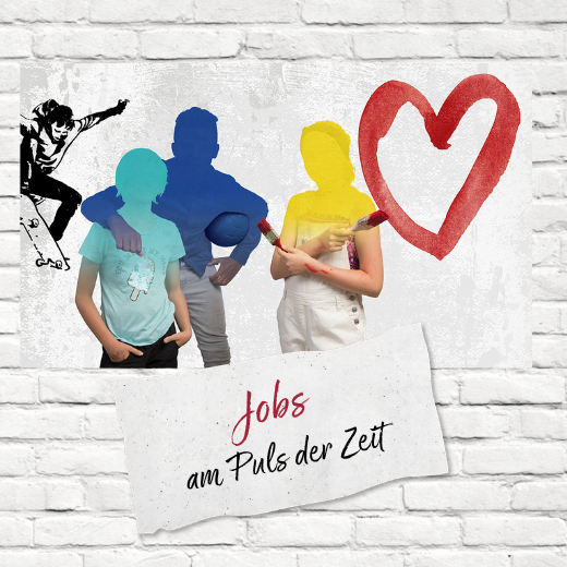Drei bunt illustrierte Figuren posieren vor einer weißen Backsteinmauer, wobei eine einen Basketball und eine andere einen Pinsel in der Hand hält. Ein rotes Herz und die Silhouette eines Skateboarders sind zu sehen, dazu der deutsche Text: Jobs am Puls der Zeit. SkF Spenden-Projekte