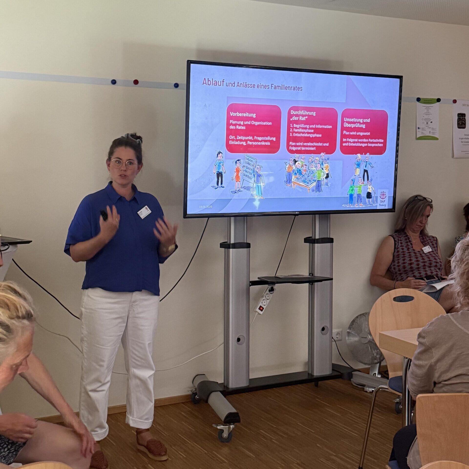 Eine Frau hält vor einer sitzenden Gruppe in einem Klassenzimmer einen Vortrag und steht dabei neben einer großen Leinwand, auf der ein farbenfrohes Flussdiagramm mit deutschem Text zu sehen ist. Mehrere Personen sind zu sehen, die ihr zuhören, und der Raum hat Holzböden und helle Wände.
