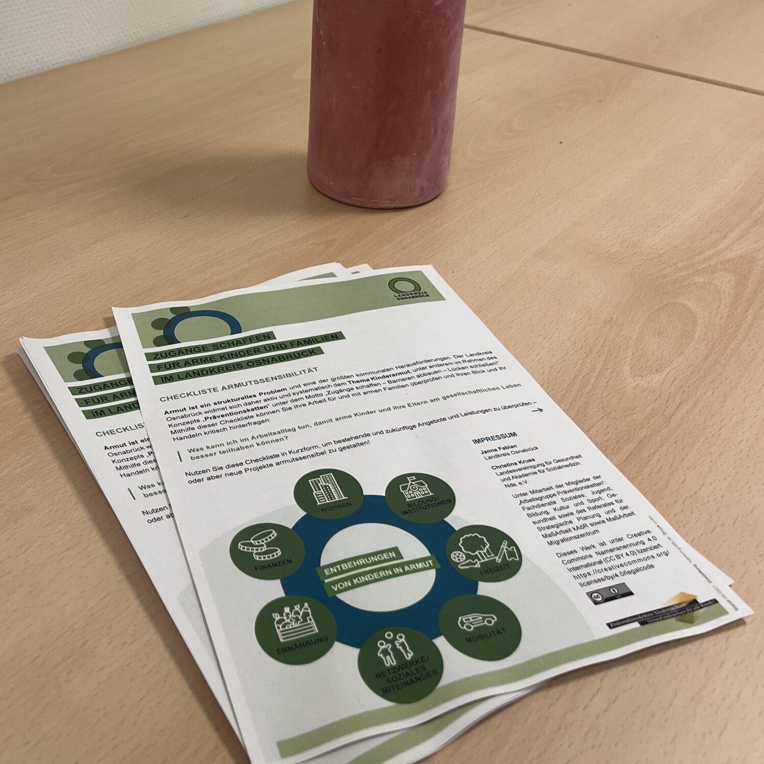 Auf einem Holzschreibtisch steht eine rosa Vase mit einem kleinen blühenden Zweig neben einem gedruckten Informationsflyer zum Thema Kinderarmut.