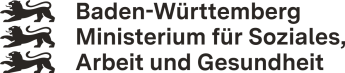 Logo des Ministeriums für Soziales, Gesundheit und Integration des Landes Baden-Württemberg mit drei übereinander angeordneten Löwen neben dem Namen der Organisation in deutscher Sprache.